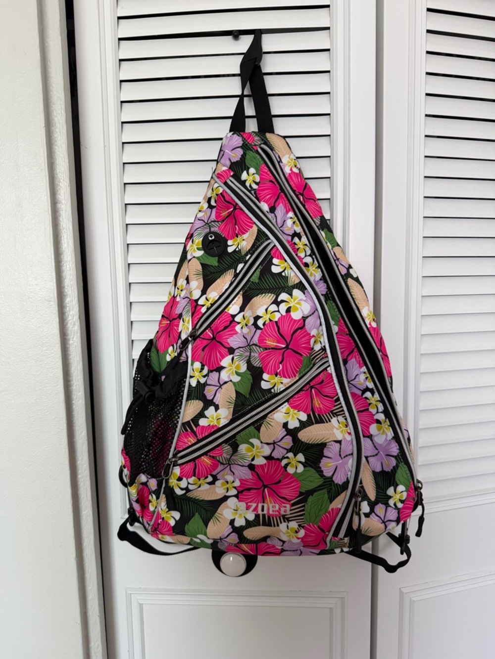 Floral Sling Backpack in Black with Pink & White Flowers